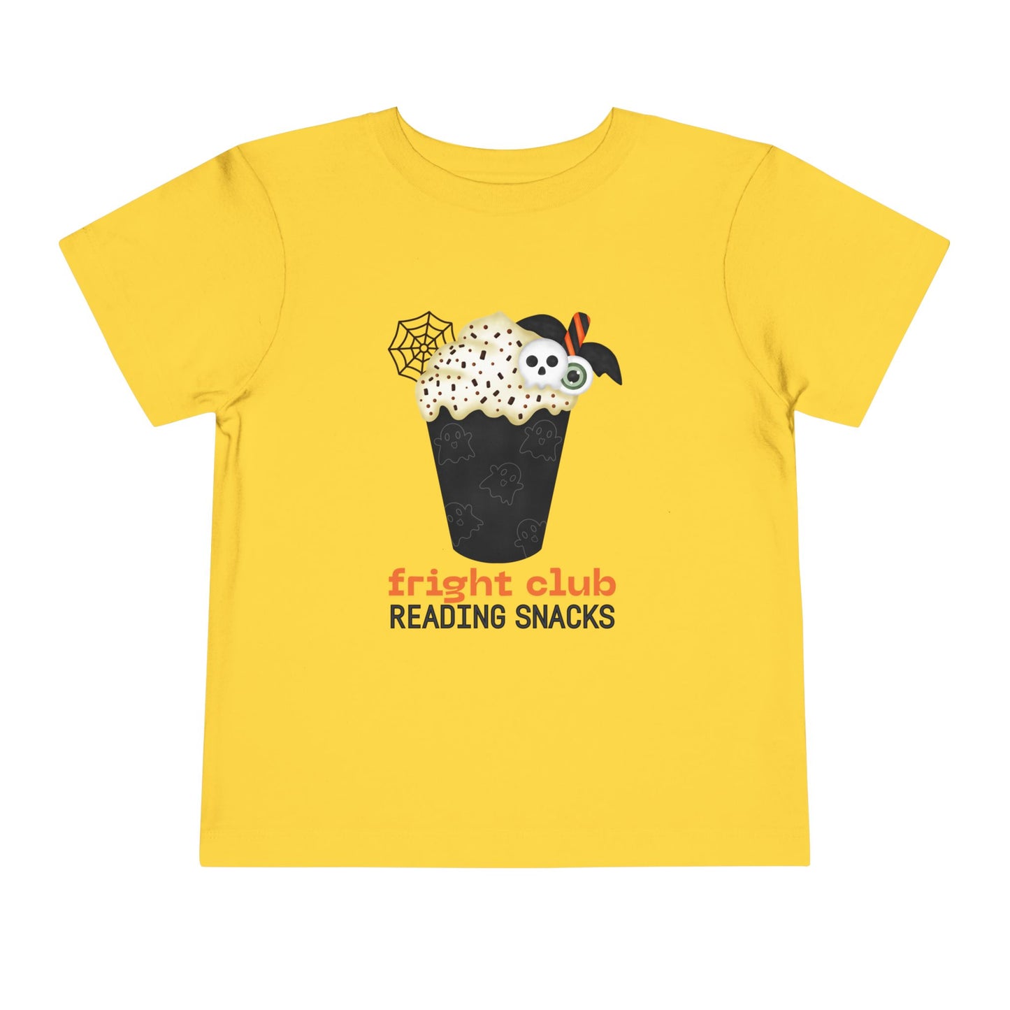 Yellow t-shirt with Halloween-themed  foamy beverage design and text "fright club reading snacks' on a white background