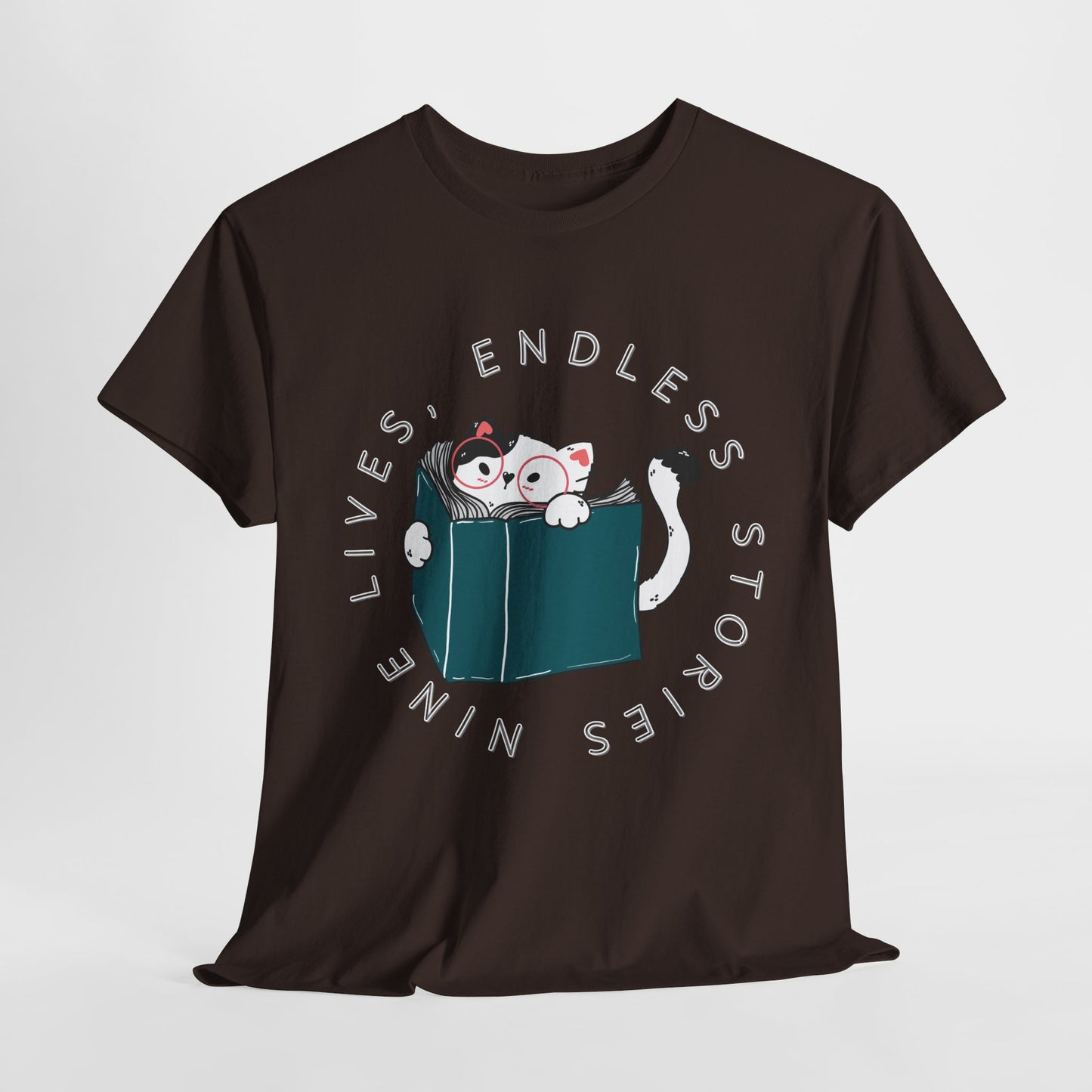 Teen/Adult Unisex "Nine Lives, Endless Stories" Cat & Book Graphic T-Shirt – Fun Reader Gift Tee
