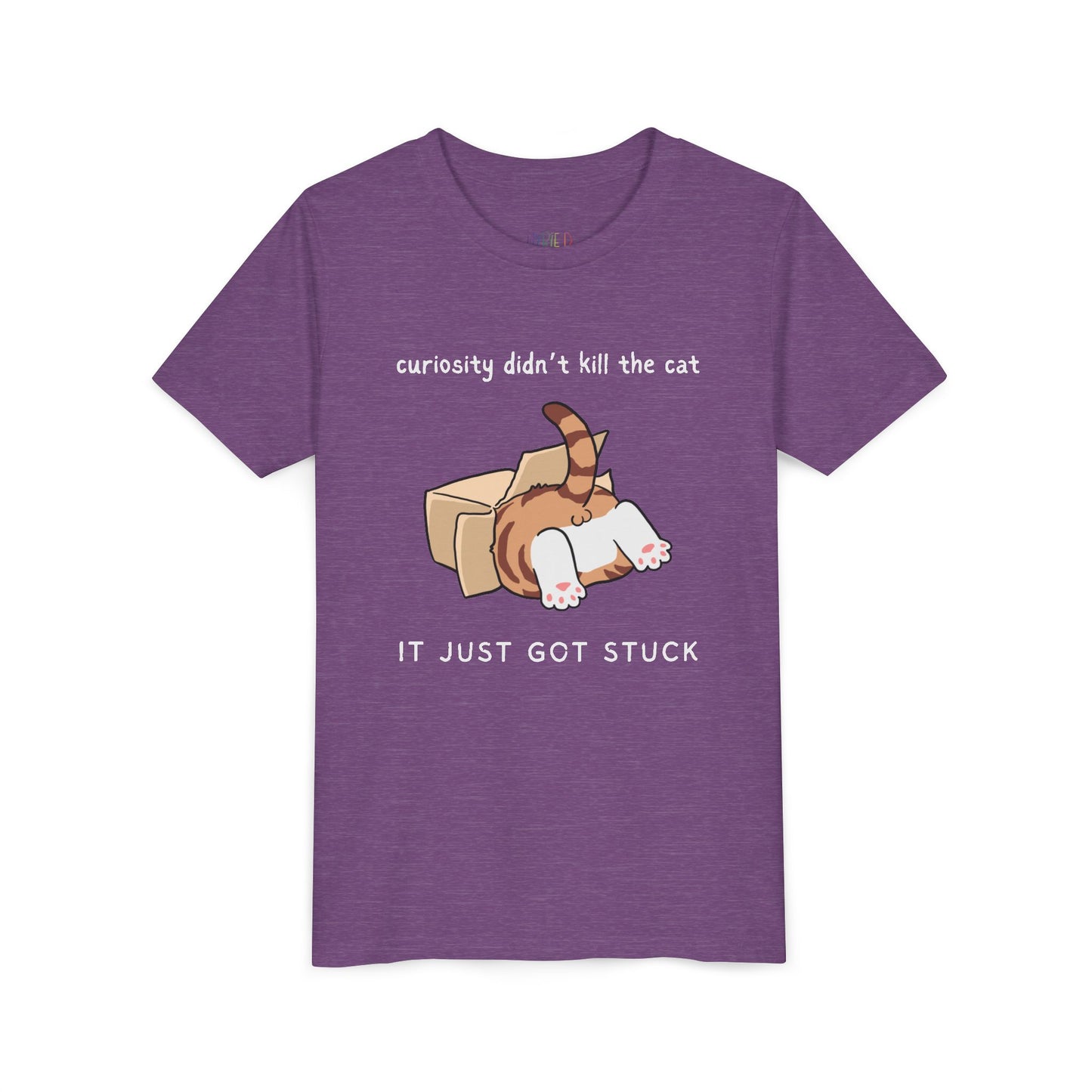 Purple t-shirt with a cat inside a box and text 'curiosity didn't kill the cat, it just got stuck' 