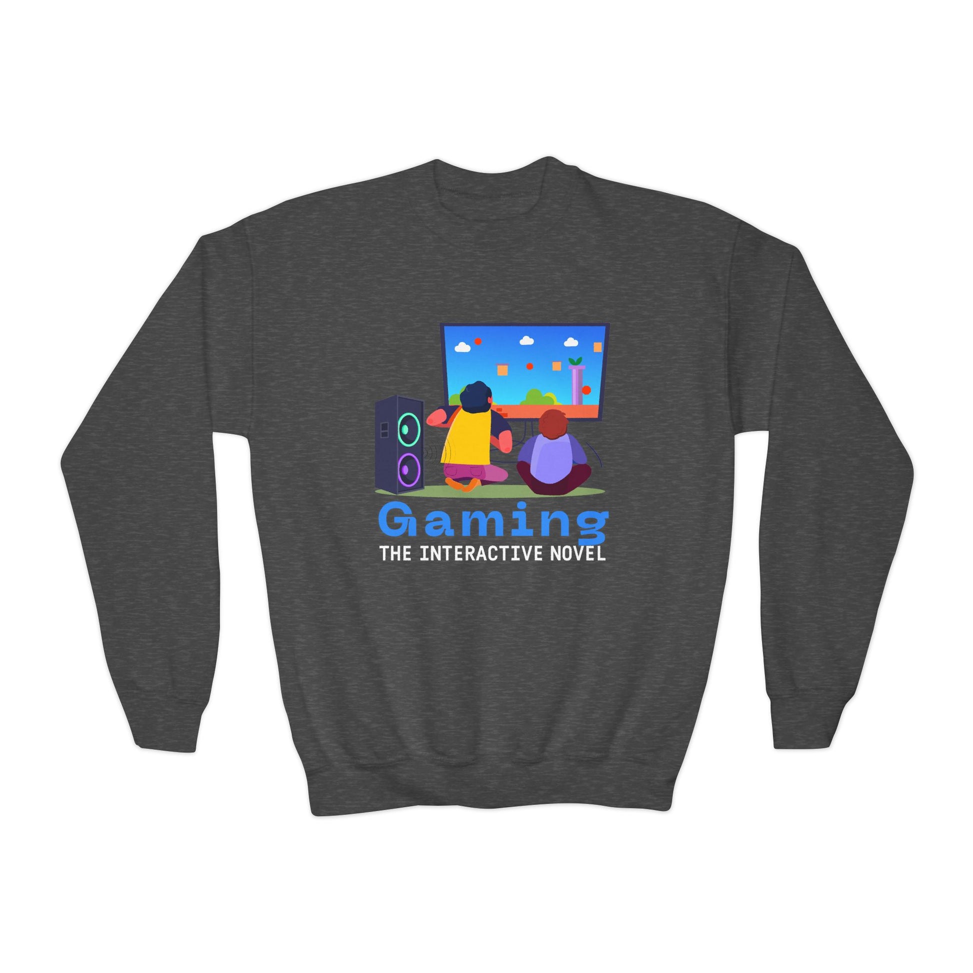 Dark gray sweatshirt with colorful gaming graphic and text 'Gaming The Interactive Novel' 