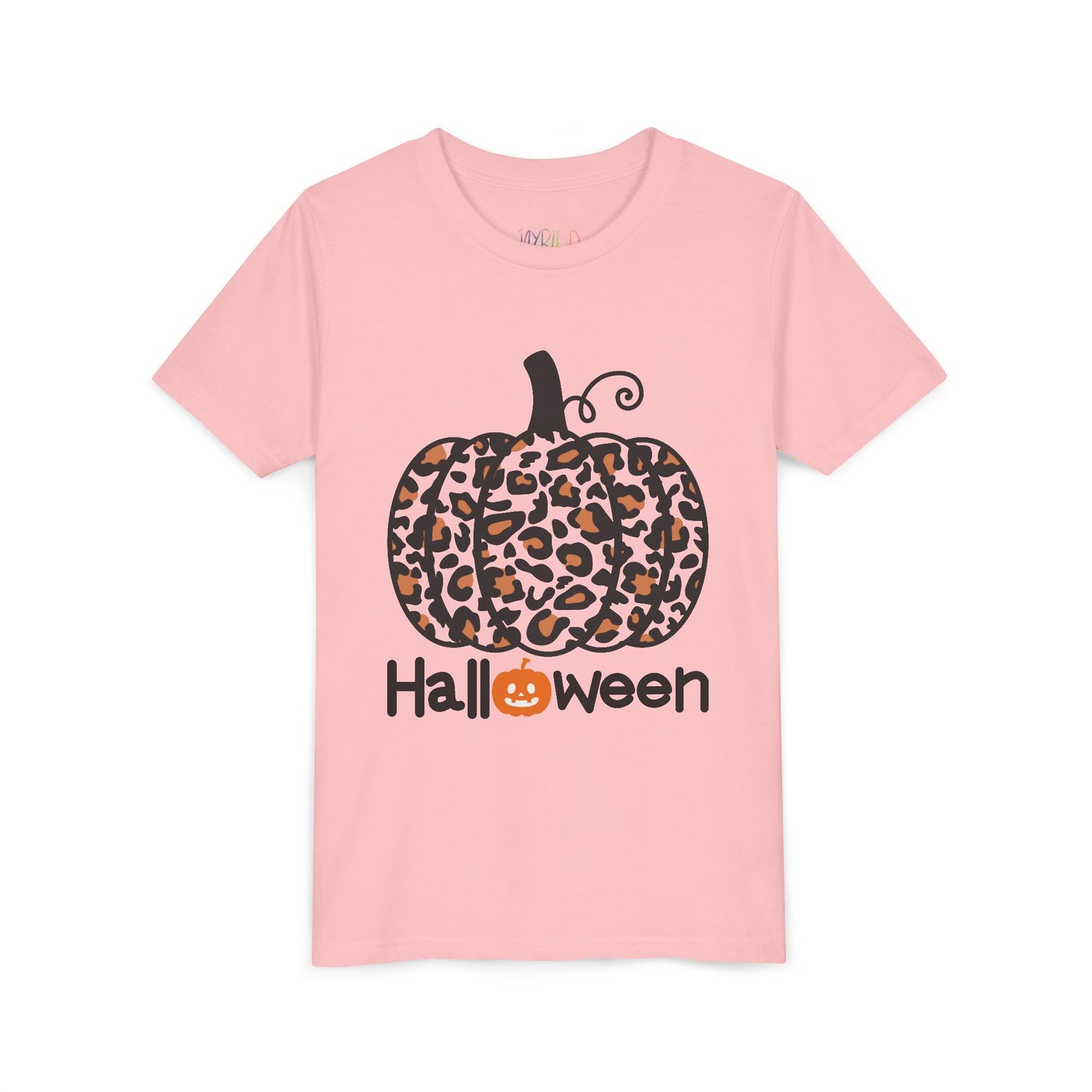 Pink t-shirt with a leopard print pumpkin and 'Halloween' text