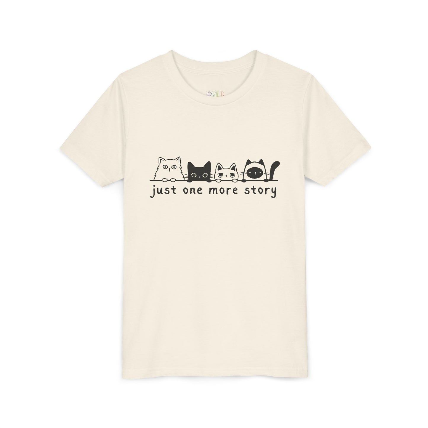 Beige t-shirt with a row of cats peaking over a line and text 'just one more story'