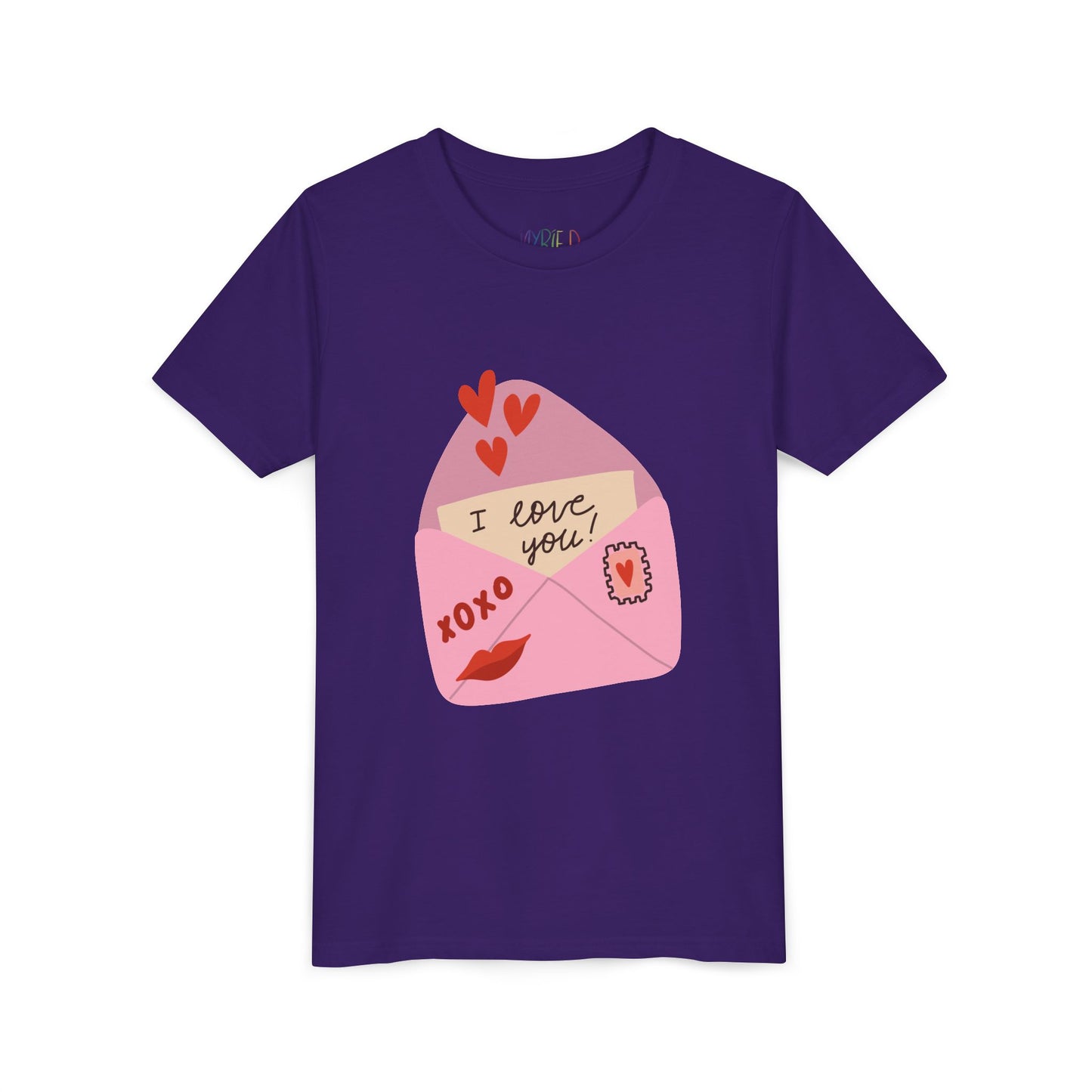 Purple t-shirt with an 'I love you!' letter peaking out of a pink envelope