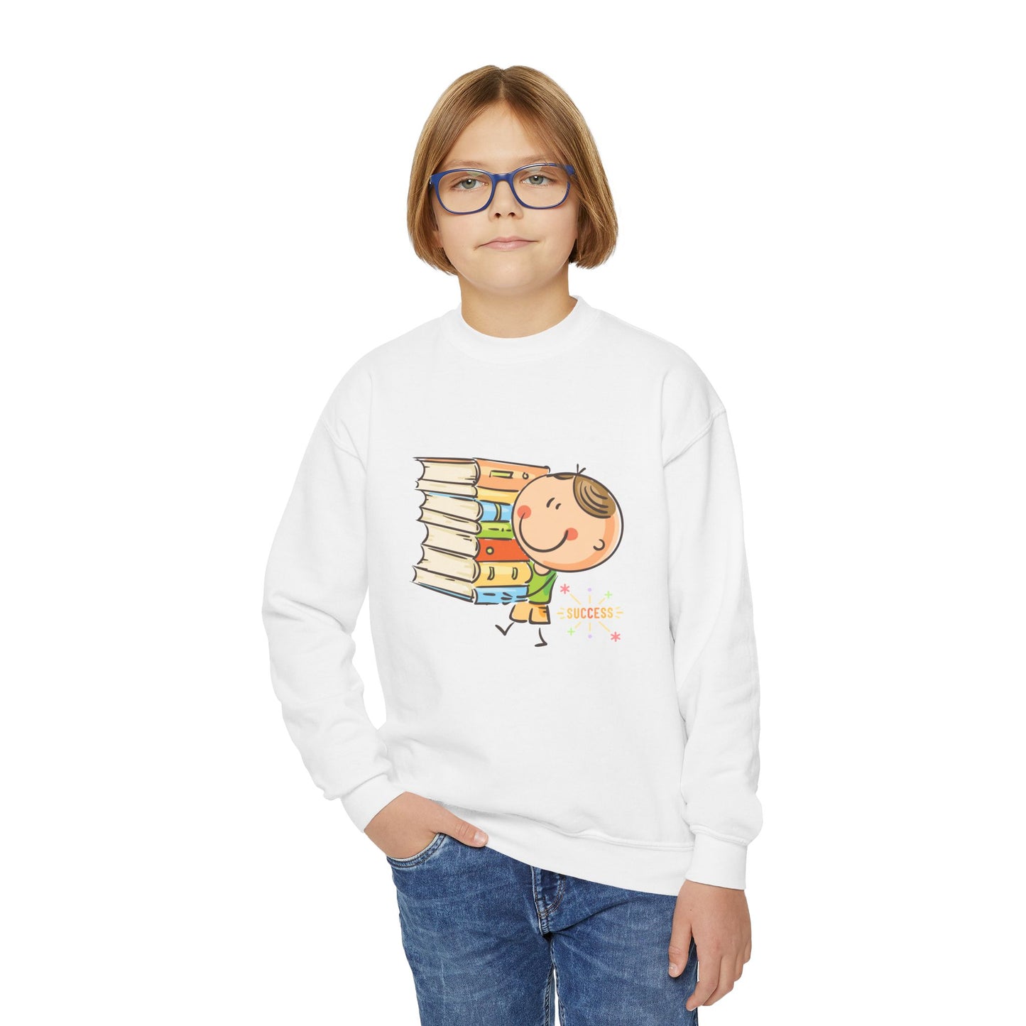 Boy wearing a white sweatshirt with a cartoon child carrying a stack of books and text 'Success' 