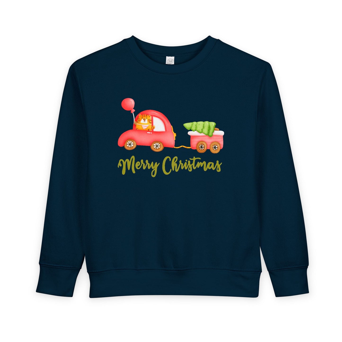 Navy toddler sweatshirt with a Christmas-themed design of a tiger driving a red car that is pulling a trailer with a tree and 'Merry Christmas' text.
