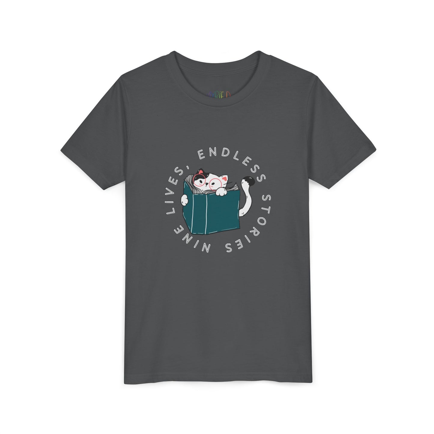 Gray t-shirt with a cat reading a book graphic and text 'nine lives, endless stories'