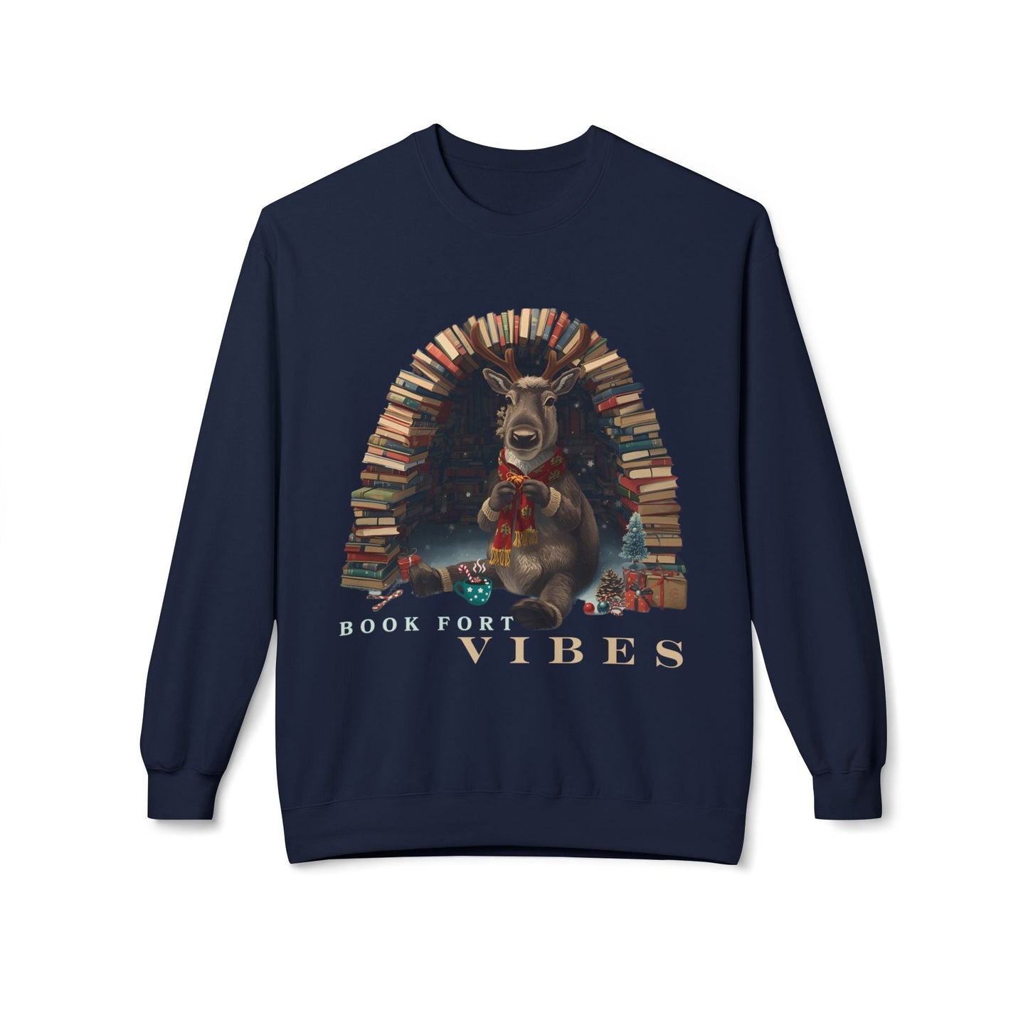 Teen/Adult Unisex Book Fort Vibes Sweatshirt â€“ Cozy Reindeer Reading Nook Holiday Design Printify