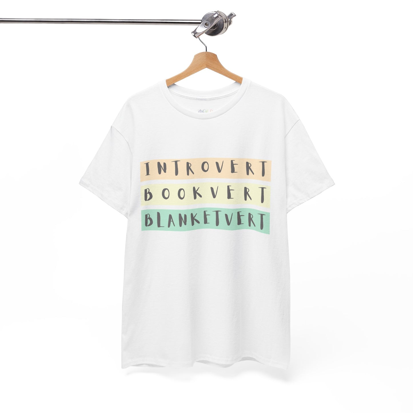 White t-shirt with soft colorful text 'Introvert. Bookvert. Blanketvert.'