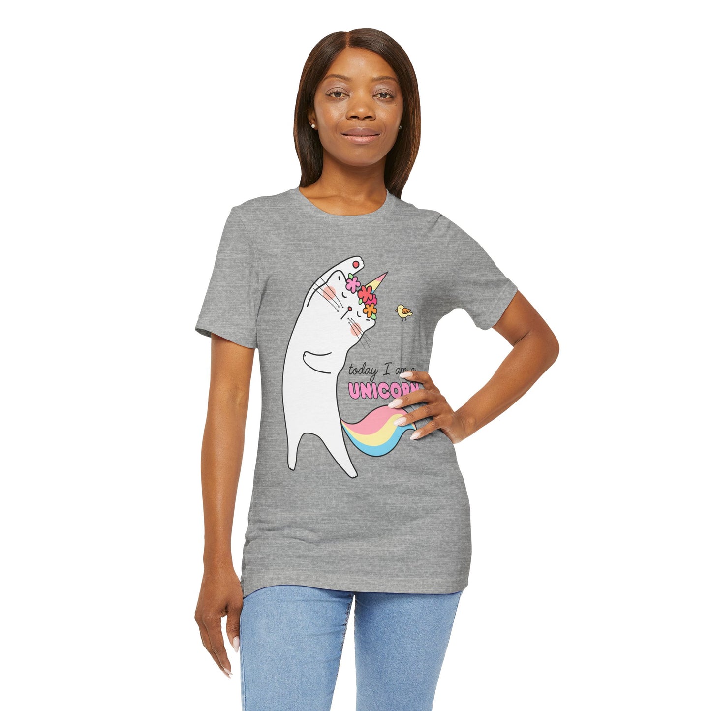Woman wearing a gray t-shirt with a cat dressed as a unicorn, doing stretches and text 'Today I Am A Unicorn' 