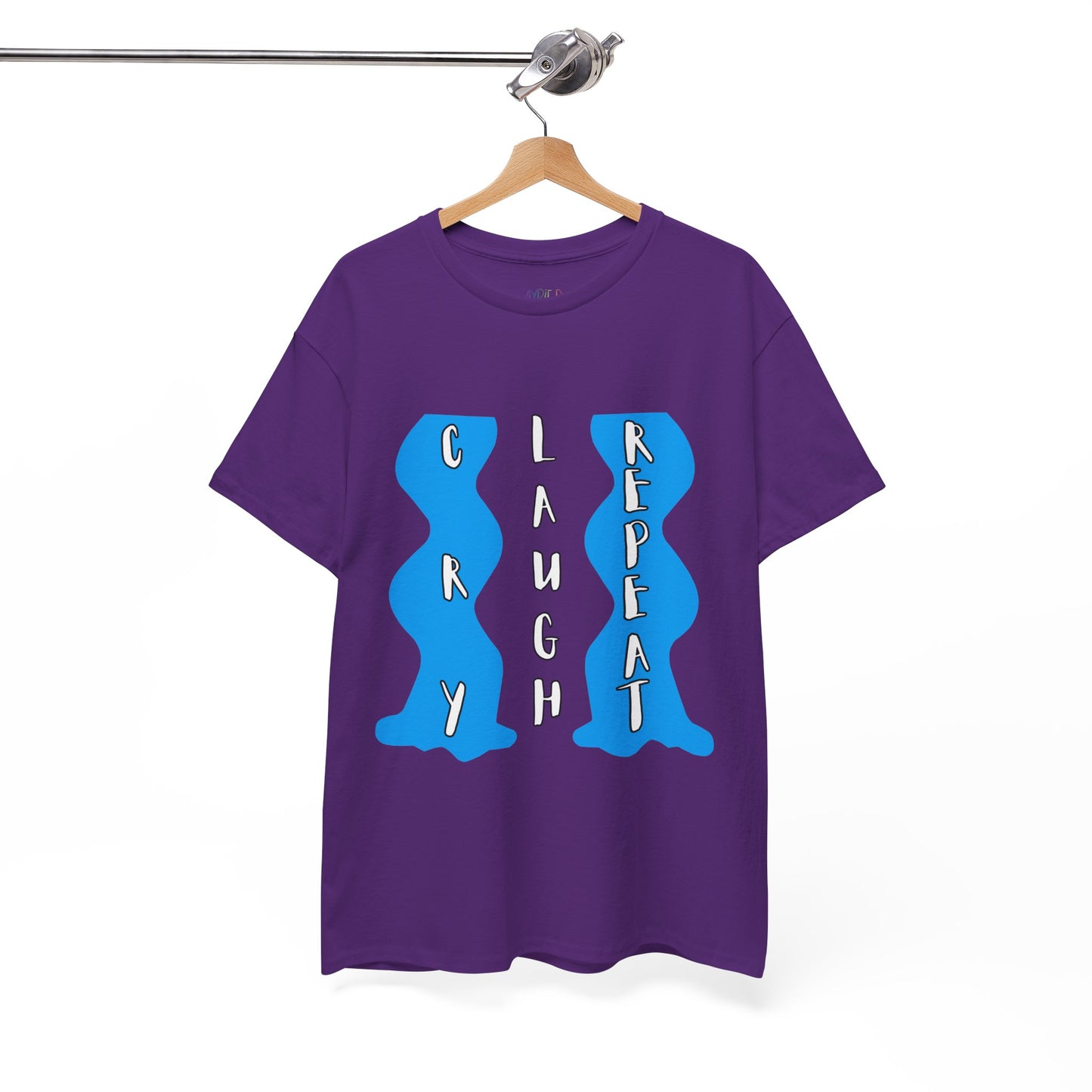 Purple t-shirt with blue waterfalls of tears and vertical text 'Cry. Laugh. Repeat' 