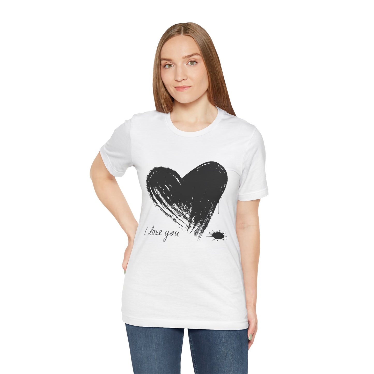 Woman wearing a white t-shirt with a black sketched heart dripping ink and text 'I Love You' 
