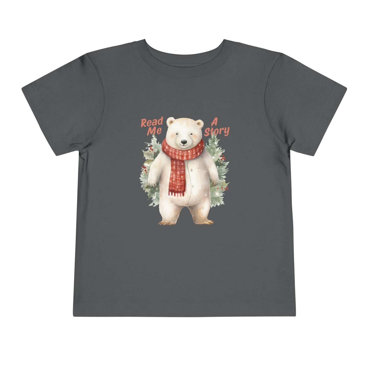 Gray toddler t-shirt with a polar bear wearing a scarf, surrounded by trees and text 'Read Me A Story' on a white background