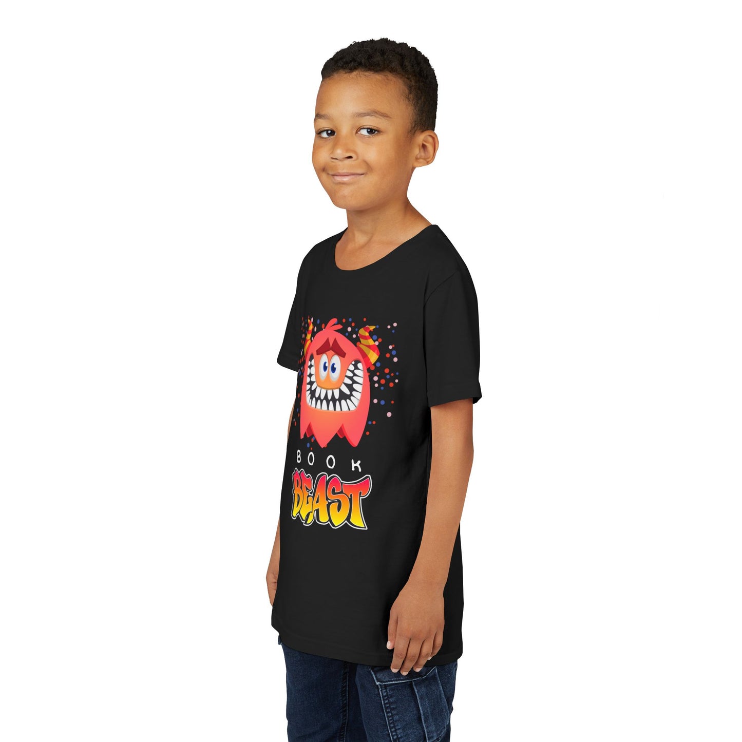 Boy wearing a black t-shirt with a sheepish, toothy, red monster surrounded by confetti and text 'BOOK BEAST' 