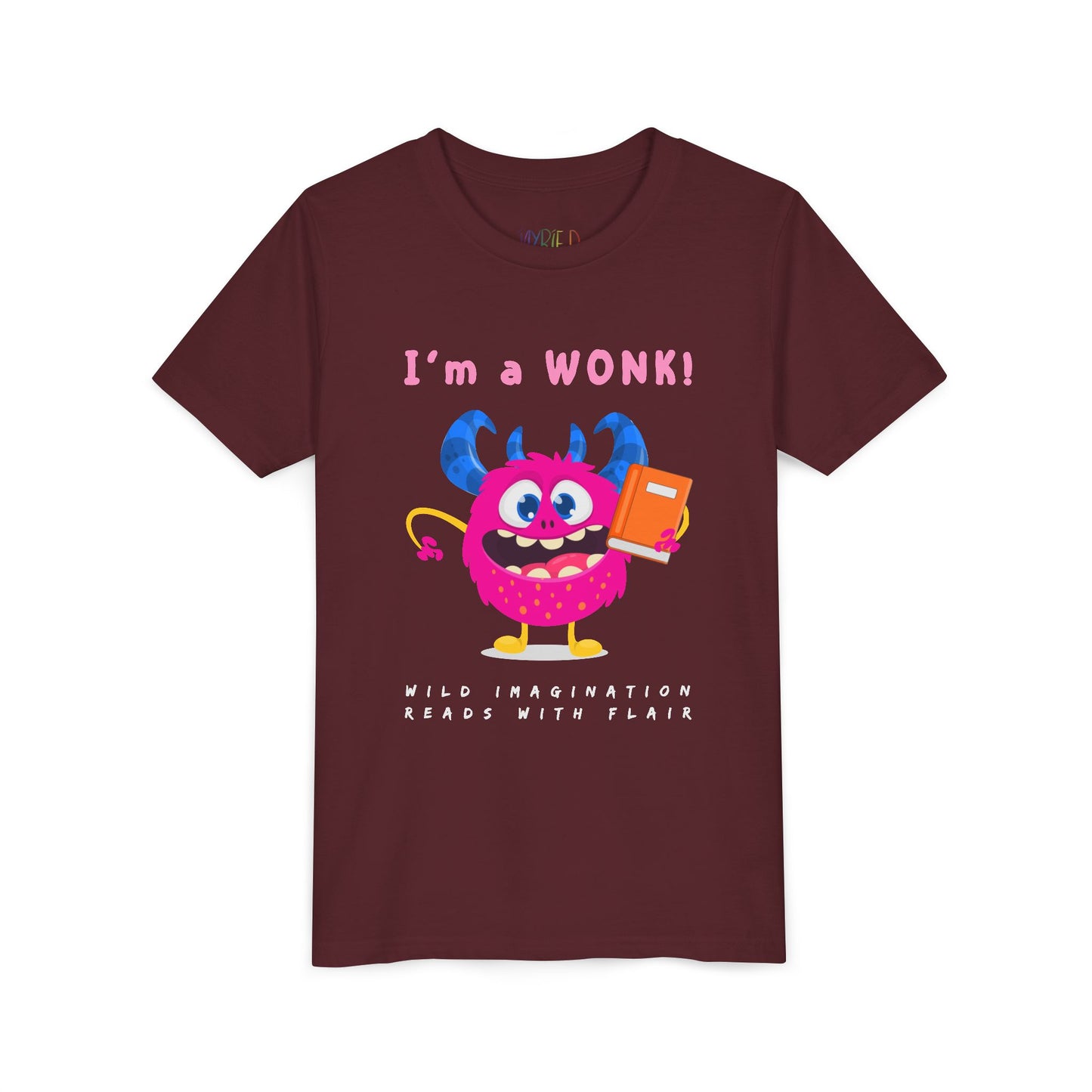 Maroon personality t-shirt with a colorful pink monster graphic holding a book and proudly stating 'I'm a WONK!'