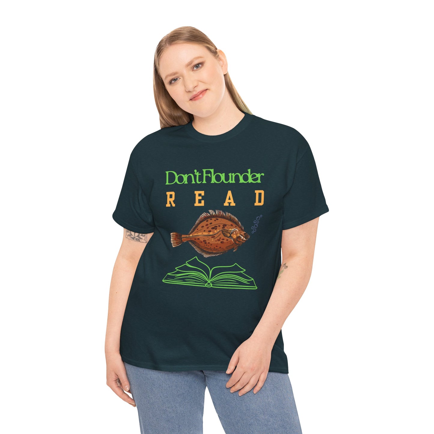 Woman wearing a dark green t-shirt with a fish and book graphic and text 'Don't Flounder READ' 