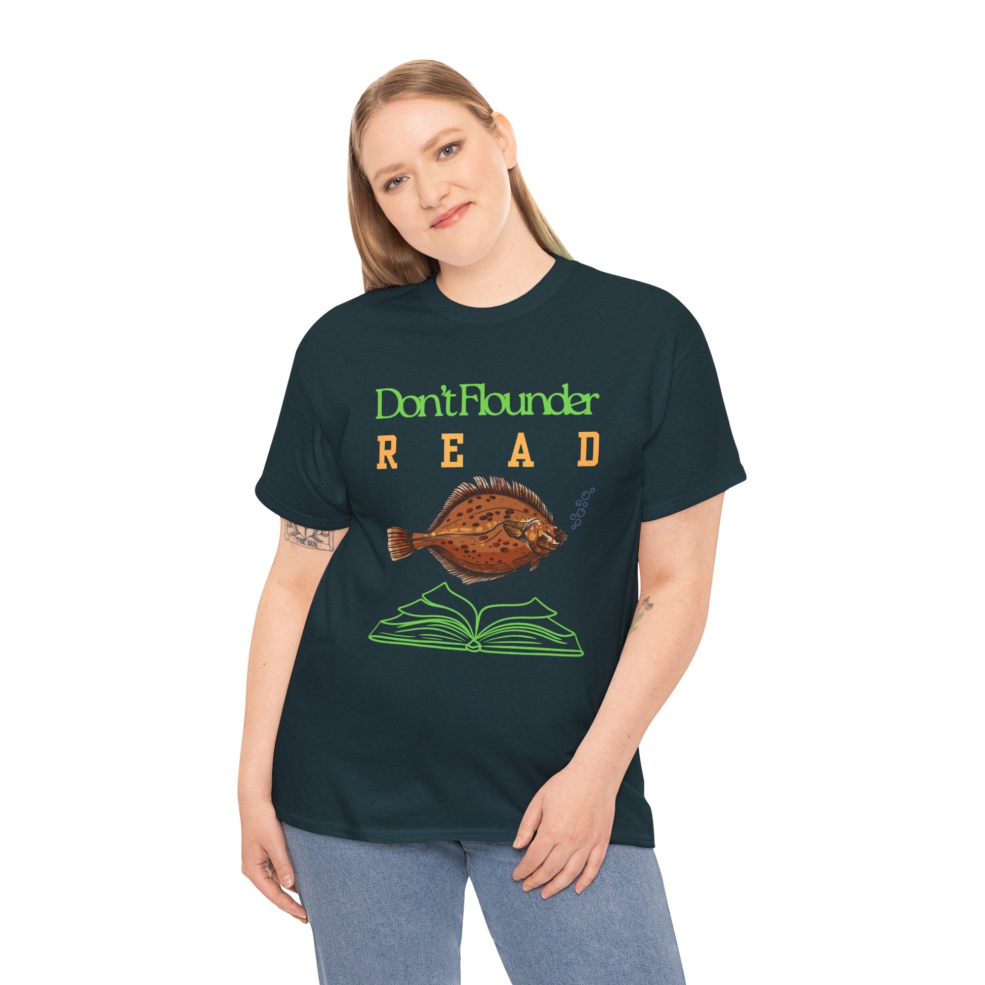 Woman wearing a dark green t-shirt with a fish and book graphic and text 'Don't Flounder READ' 