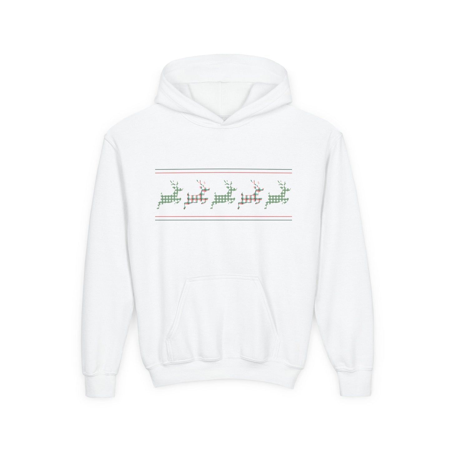 Youth Plaid Reindeer Parade Hoodie â€“ Classic Holiday Pattern Printify