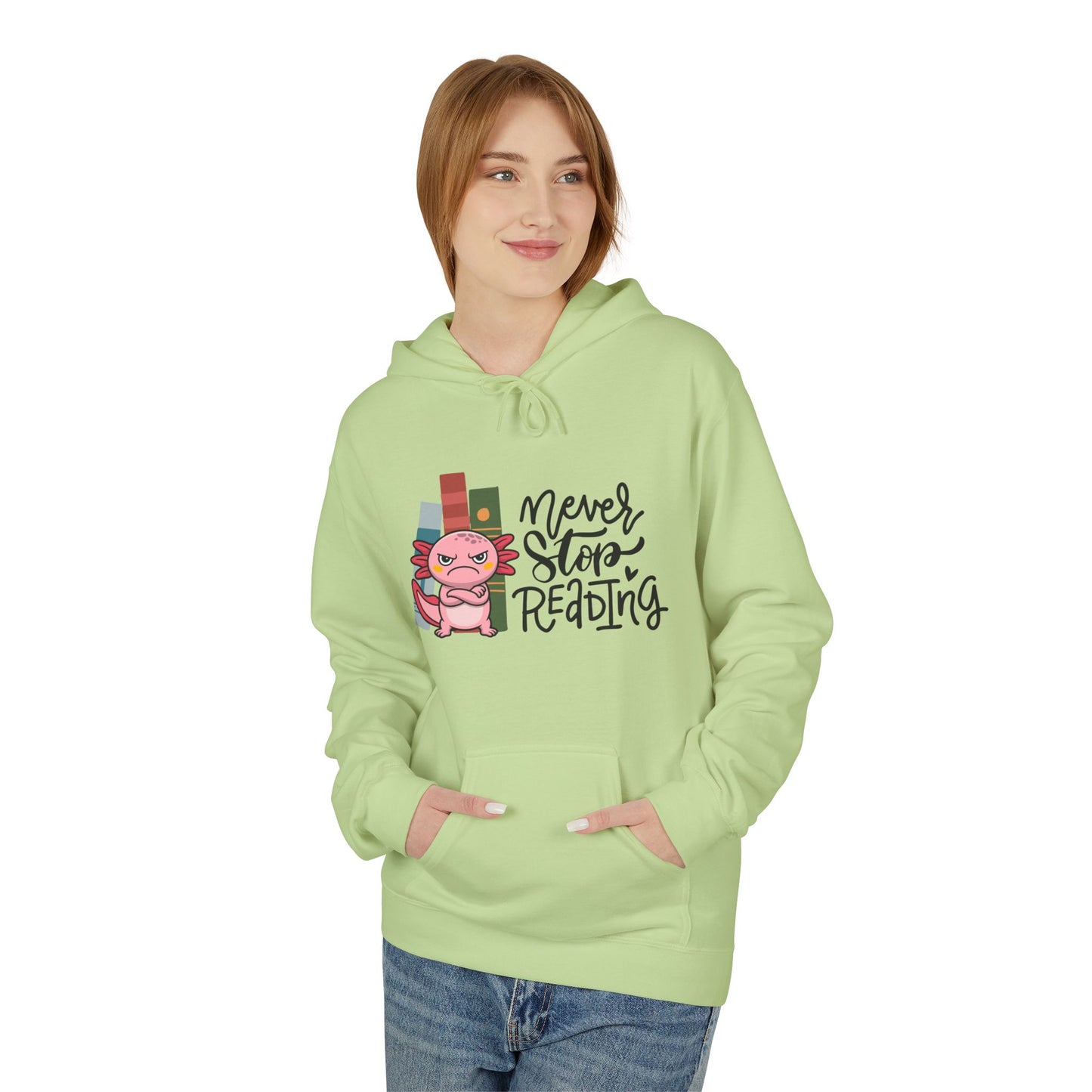 Teen/Adult Unisex Never Stop Reading Hoodie, Funny Axolotl Book Lover Design