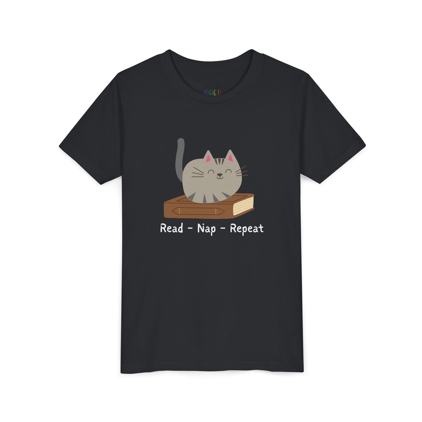 Vintage black t-shirt with a cat sitting on a book and text 'Read - Nap - Repeat' 