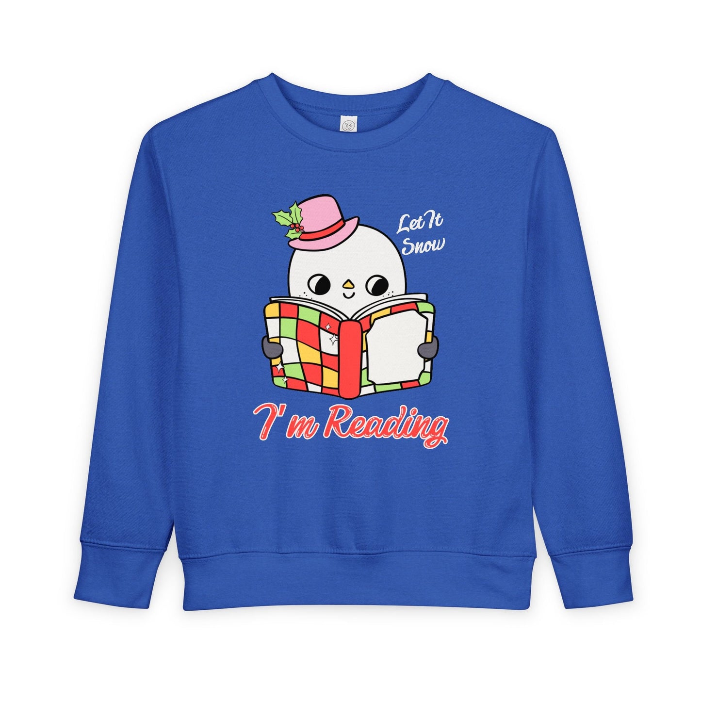 Blue toddler sweatshirt with a snowman reading a book graphic and text on a white background 'Let It Snow, I'm Reading'