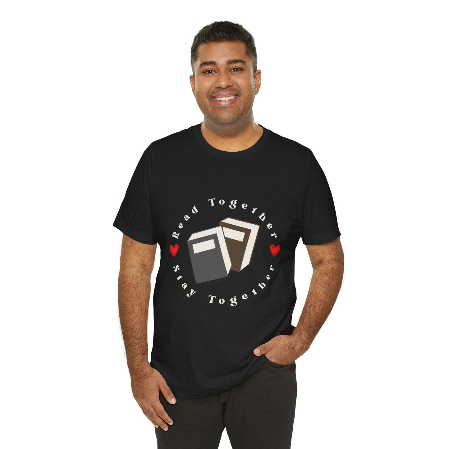Man wearing a black t-shirt with two books circled by hearts and text 'Read Together. Stay Together.' 