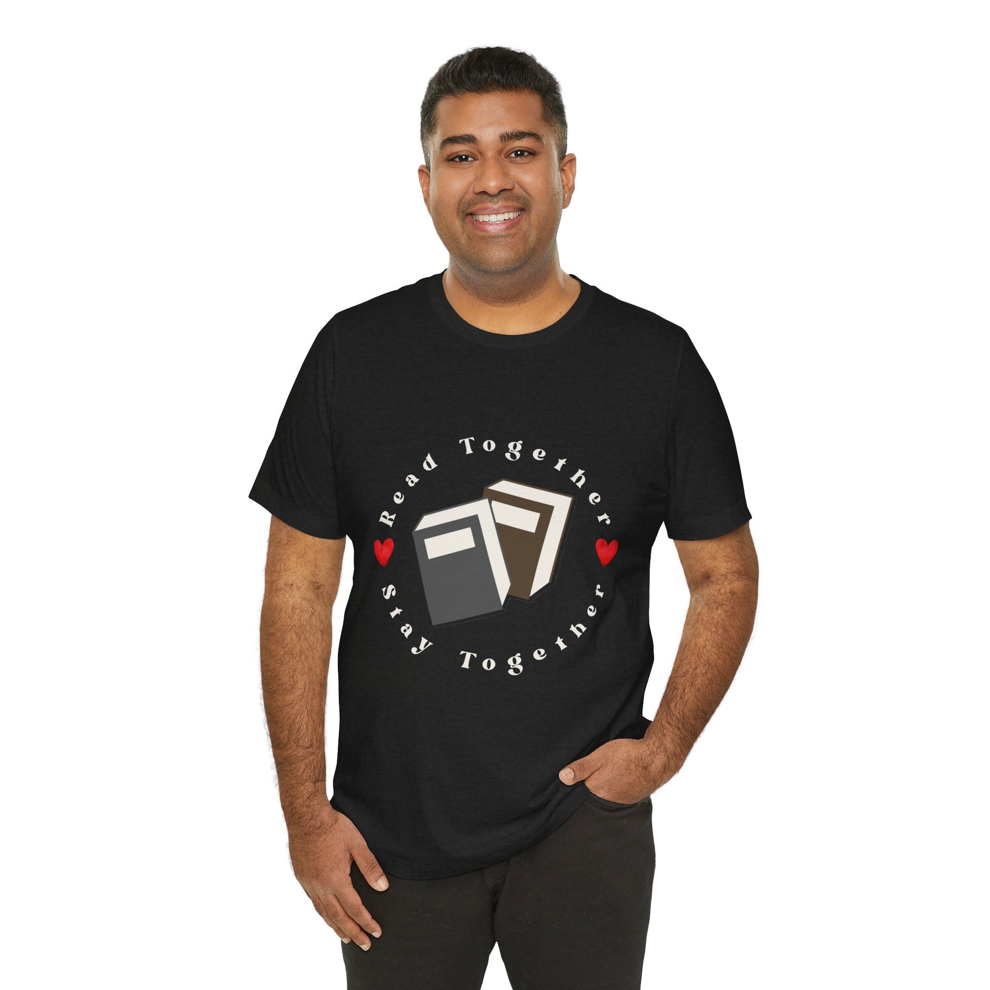 Man wearing a black t-shirt with two books circled by hearts and text 'Read Together. Stay Together.' 