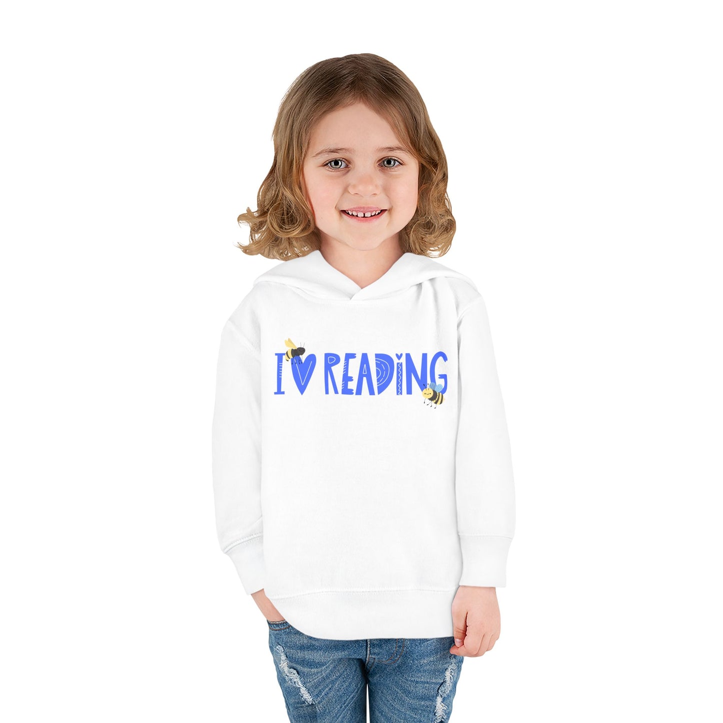 Girl wearing a white toddler hoodie with blue 'I Love Reading' text and two bumblebees