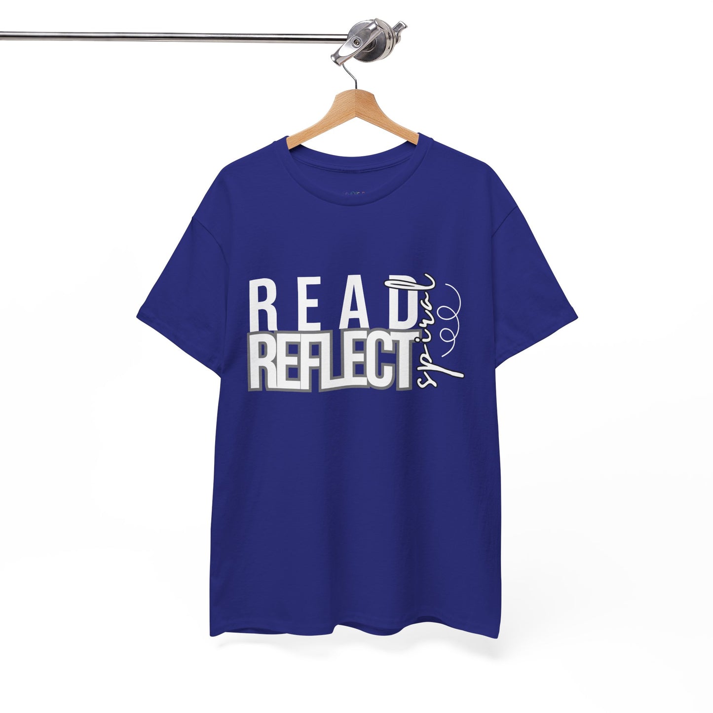 Blue t-shirt with 'READ REFLECT SPIRAL' text 