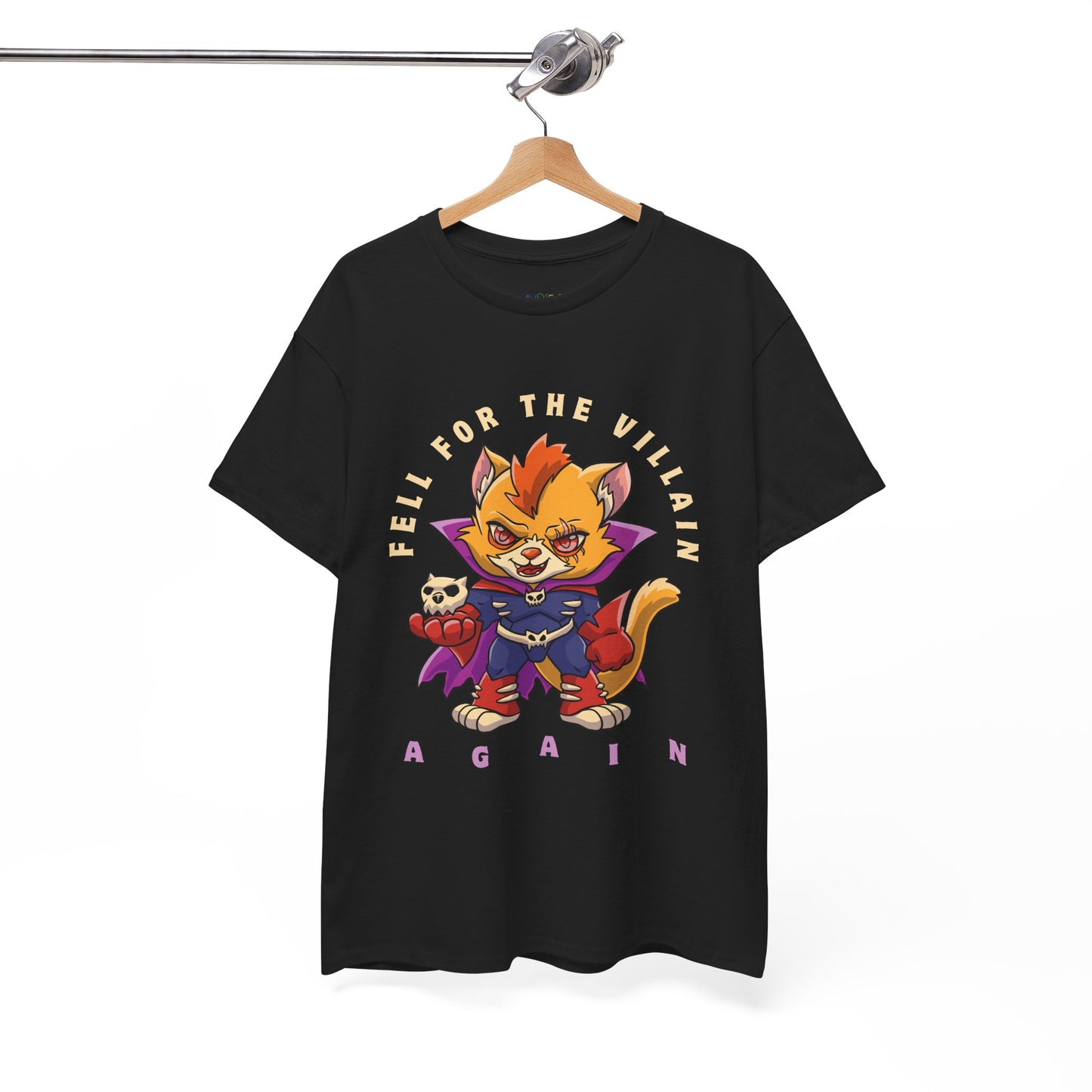 Dark t-shirt with a cartoon cat villain and text 'Fell For the Villain AGAIN'