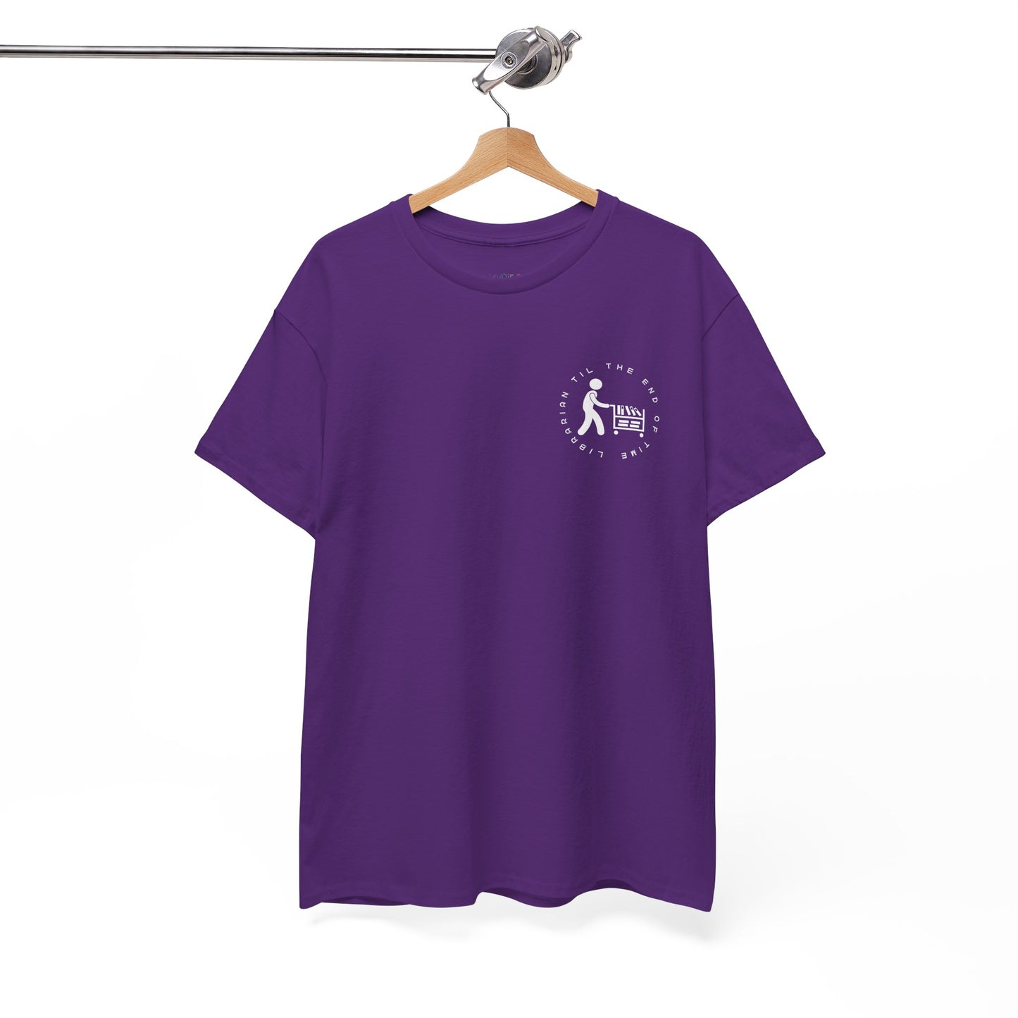Purple dual-sided t-shirt with a small librarian pushing a cart on the front and a full size bookshelf with a zombie hand reaching up on the back, text 'Late Fees Can't Stop Me'