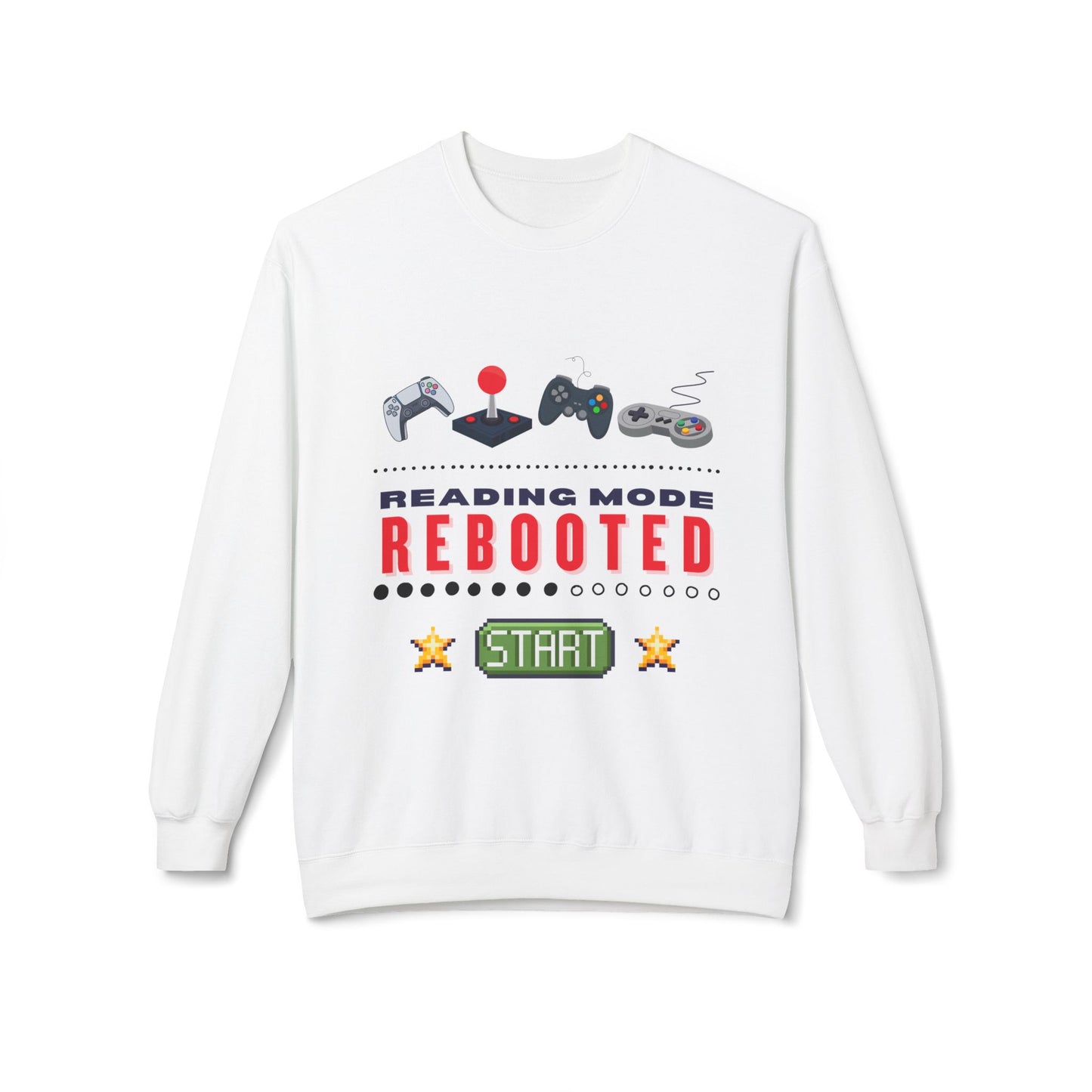 White sweatshirt with gaming-themed design and text 'Reading Mode Rebooted'