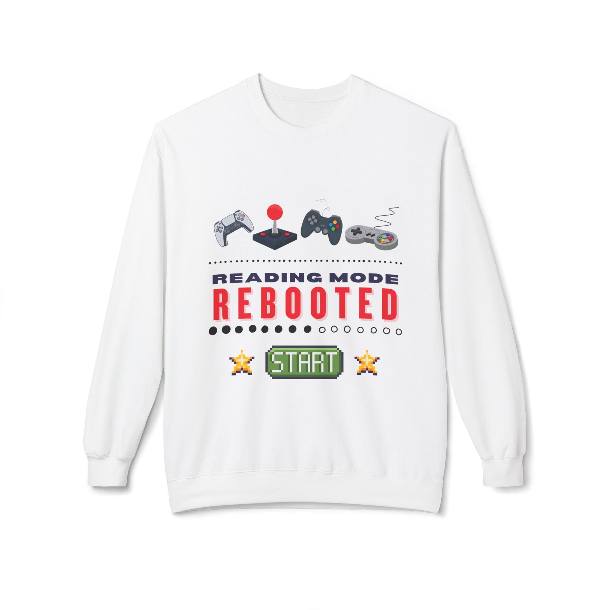 White sweatshirt with gaming-themed design and text 'Reading Mode Rebooted'