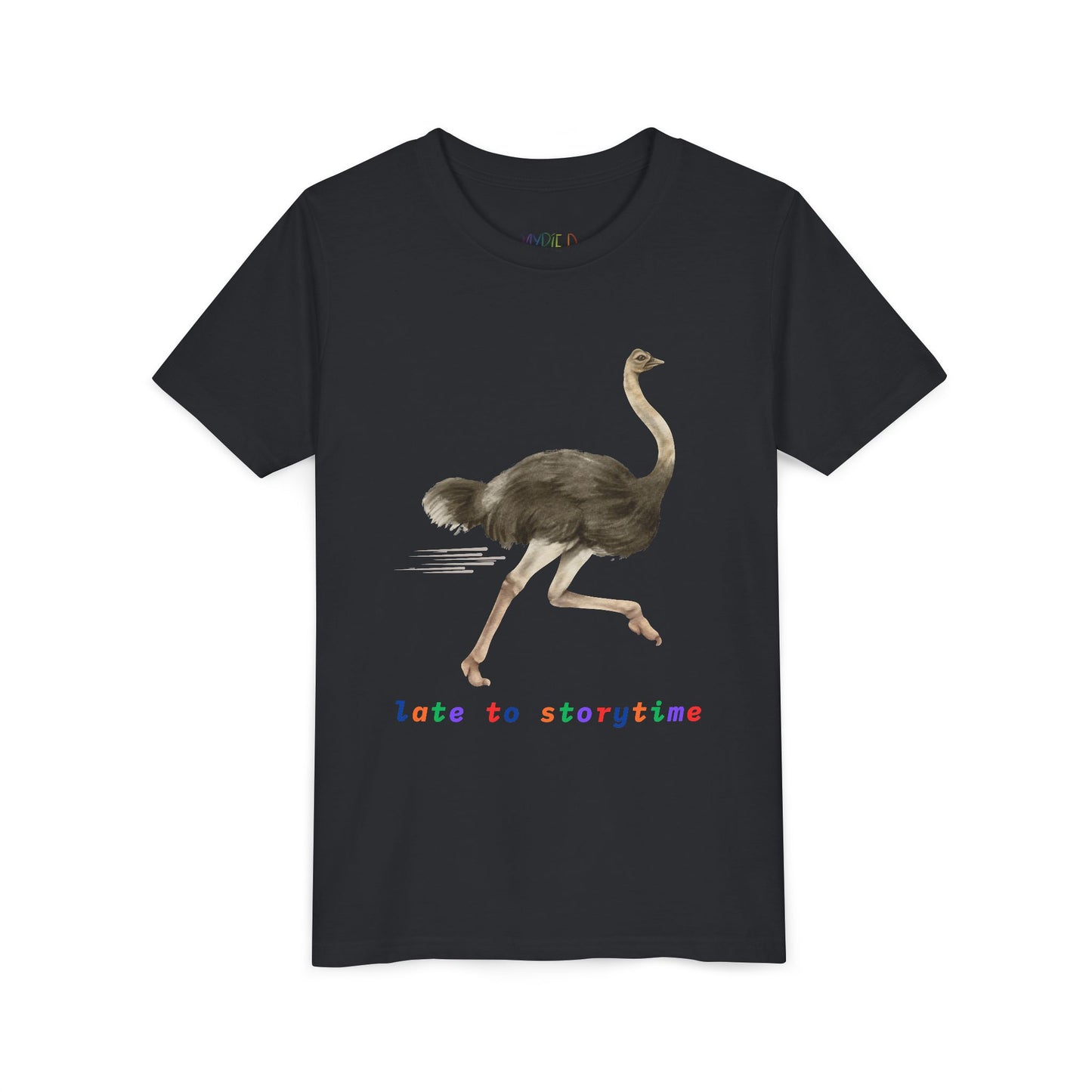 Youth Late to Storytime Tee – Funny Ostrich Shirt for Bookish Speedsters