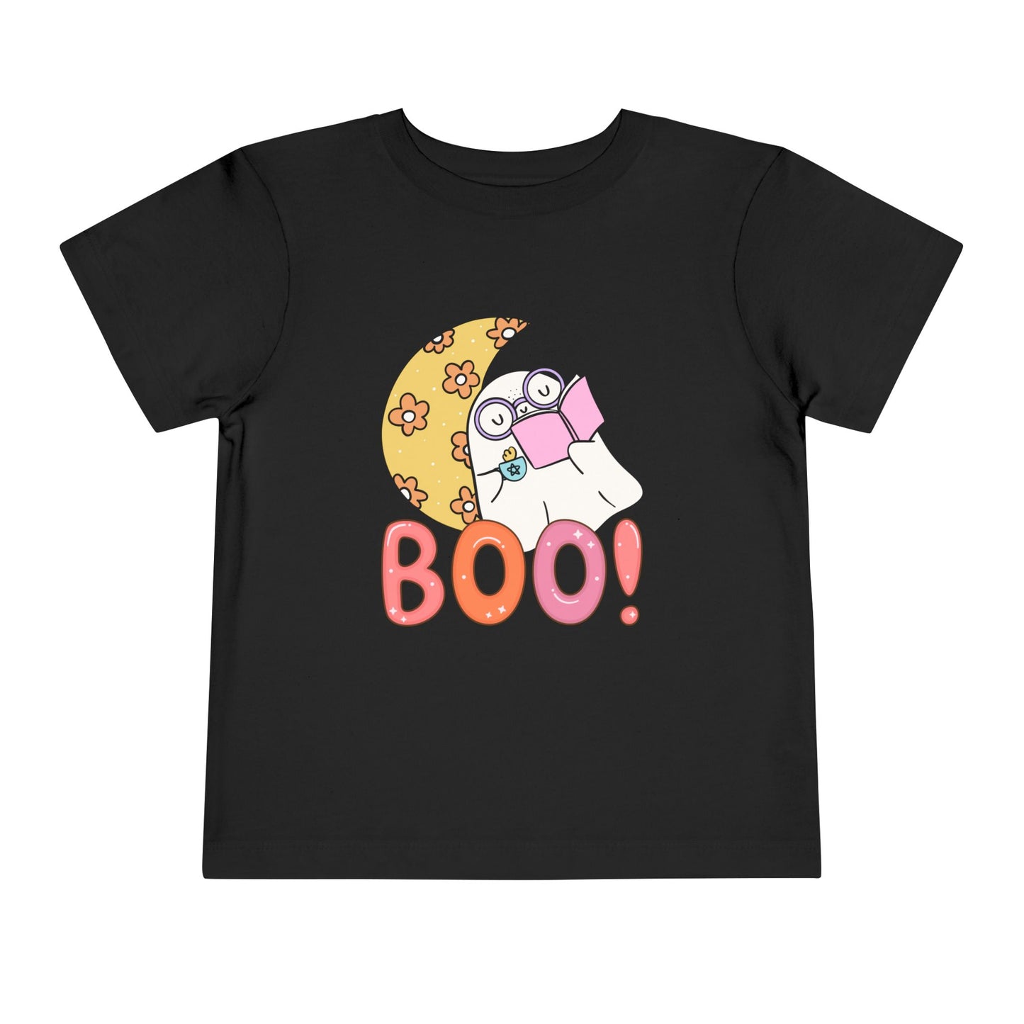 Black t-shirt with a Halloween-themed design featuring a ghost, moon, and 'BOO!' text 