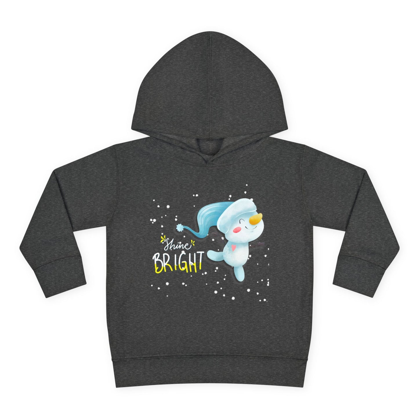 Dark gray toddler hoodie with a snowman dancing through the snow graphic and 'Shine Bright' text on a white background