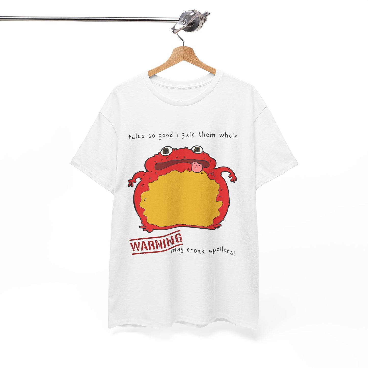 White t-shirt with a red toad and text 'tales so good I gulp them whole' and 'WARNING may croak spoilers'
