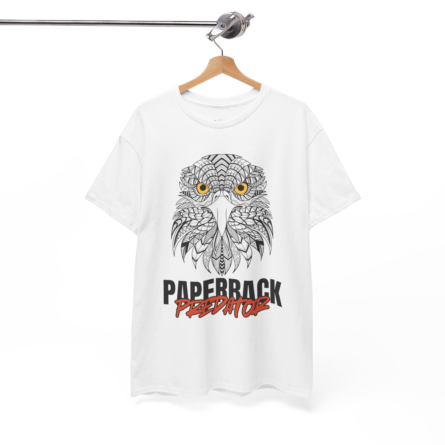White t-shirt with a yellow eyed hawk and text 'PAPERBACK PREDATOR' 