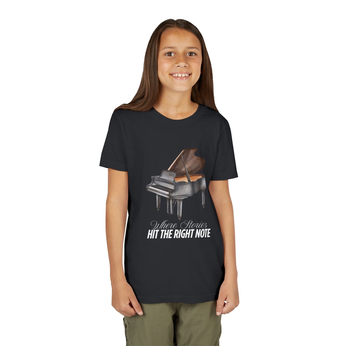 Girl wearing a black t-shirt with a grand piano graphic and text 'Where Stories Hit The Right Note'