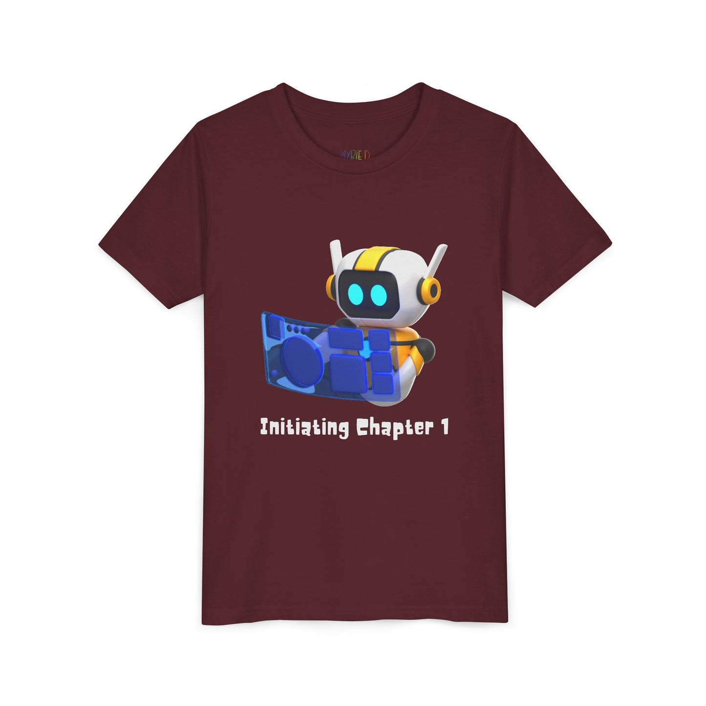 maroon t-shirt with a robot graphic, computer and text 'initiating chapter 1'