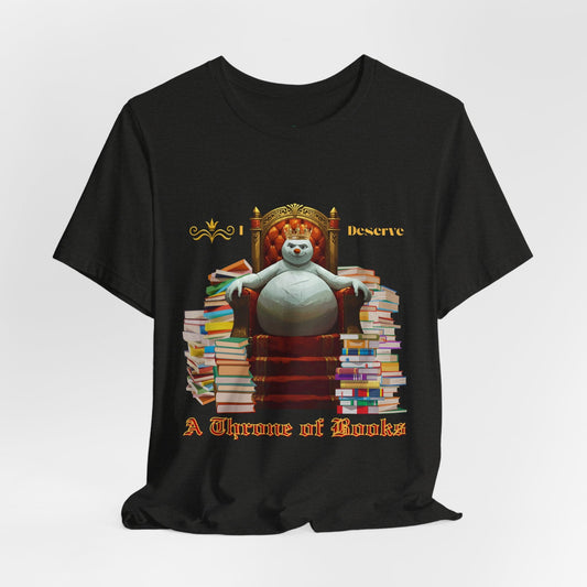 Teen/Adult Unisex A Throne of Books T-Shirt â€“ Snowman Holiday Reading Design Printify
