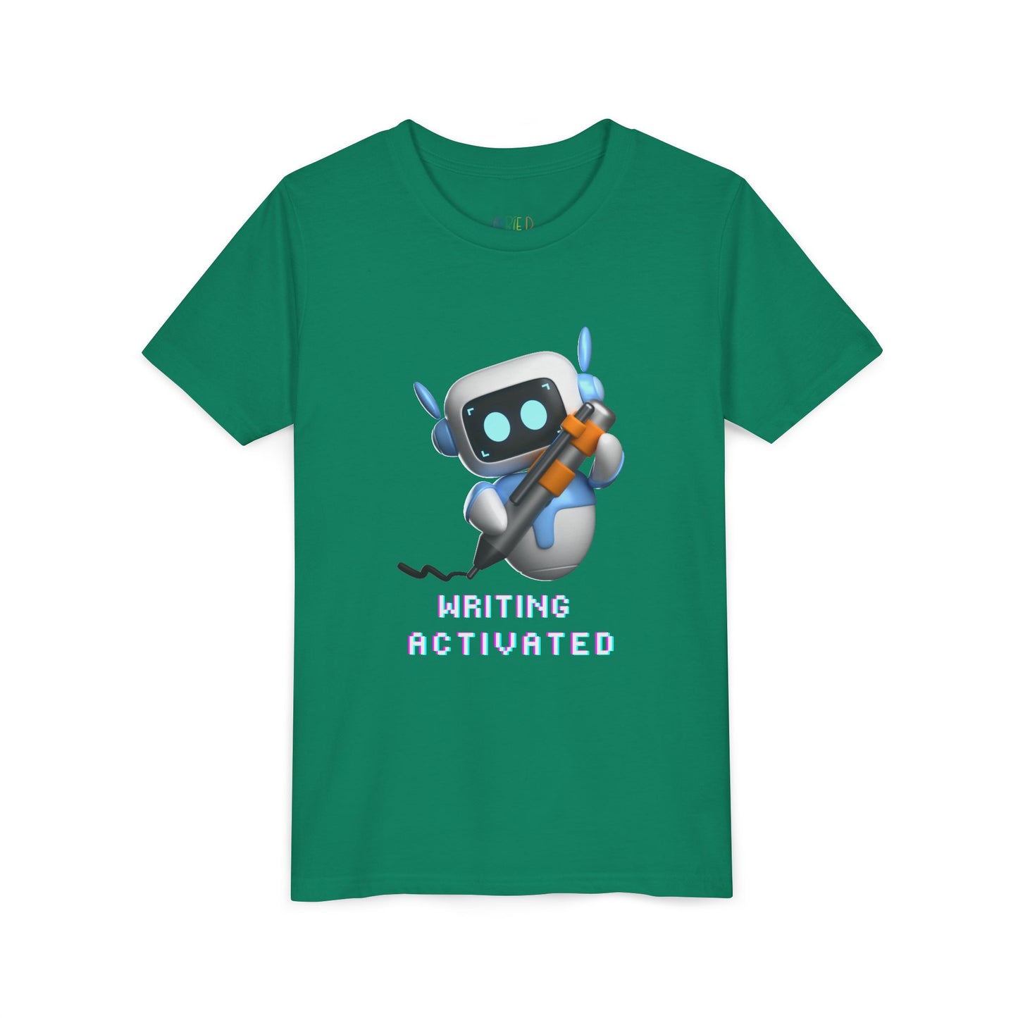Green t-shirt with a robot graphic and 'Writing Activated' text 