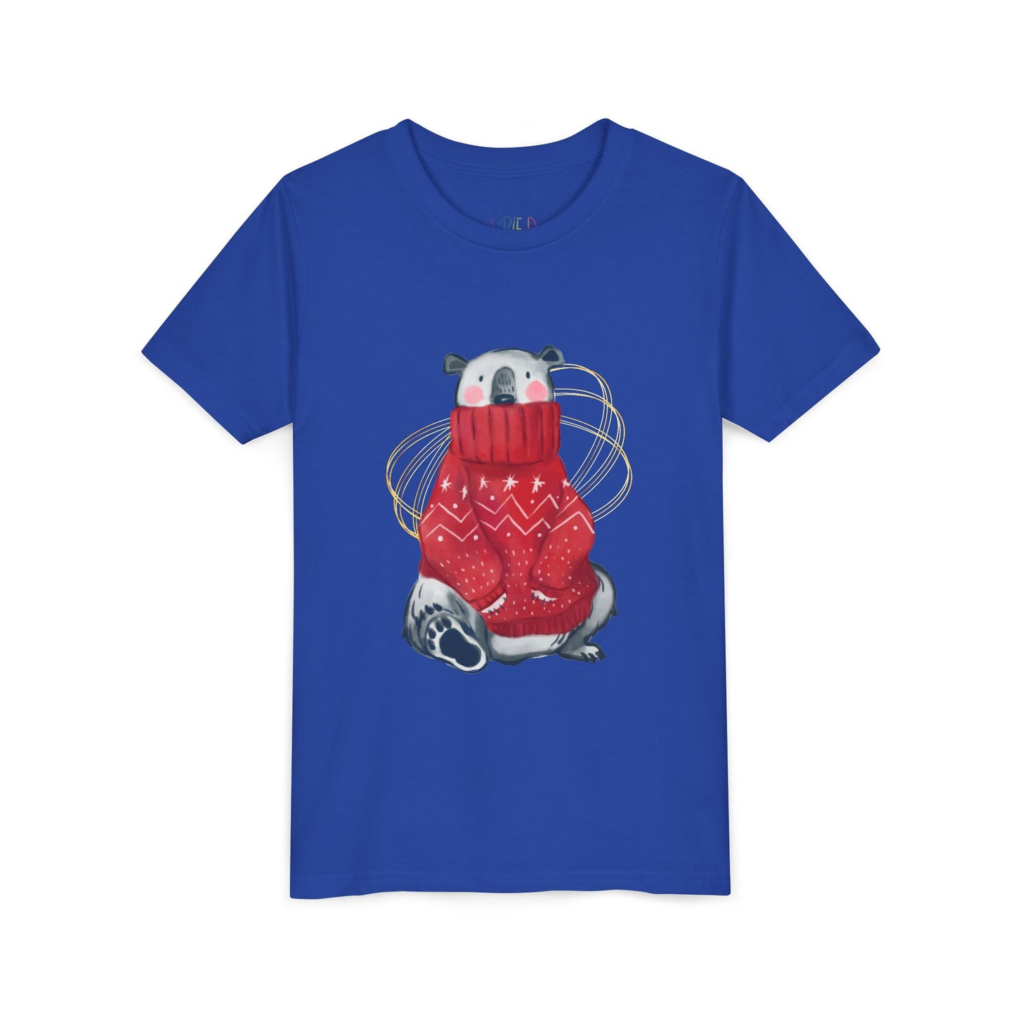Blue t-shirt with a graphic of a polar bear in a red sweater on a white background