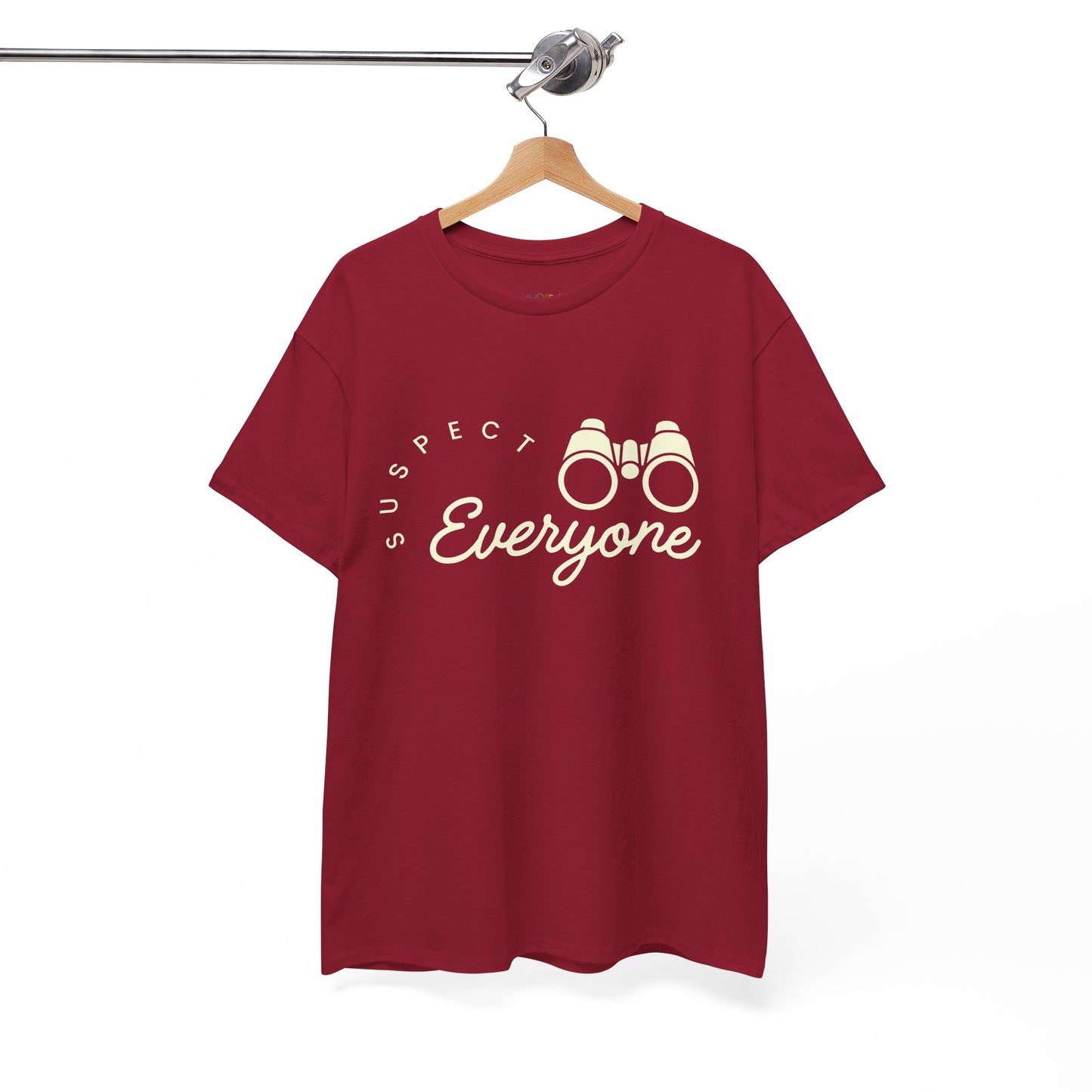 Red t-shirt with 'Suspect Everyone' text and binoculars graphic 