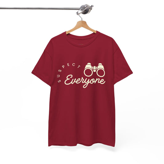 Red t-shirt with 'Suspect Everyone' text and binoculars graphic 