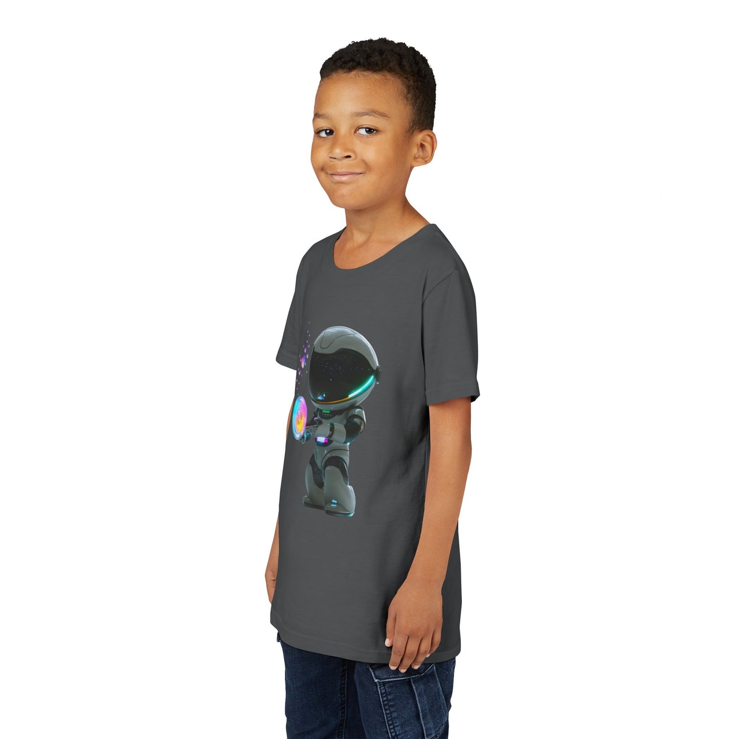 Boy wearing a gray t-shirt with an astronaut holding  a glowing orb bubble with colorful hearts floating out of it 