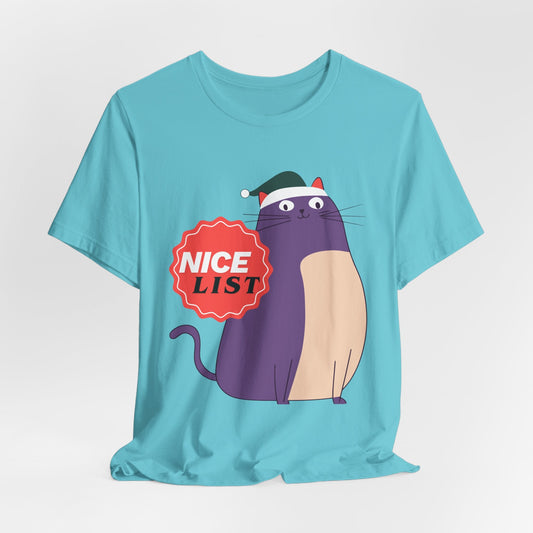 Teen/Adult Unisex Nice List T-Shirt â€“ Cute Purple Cat Christmas Design Printify