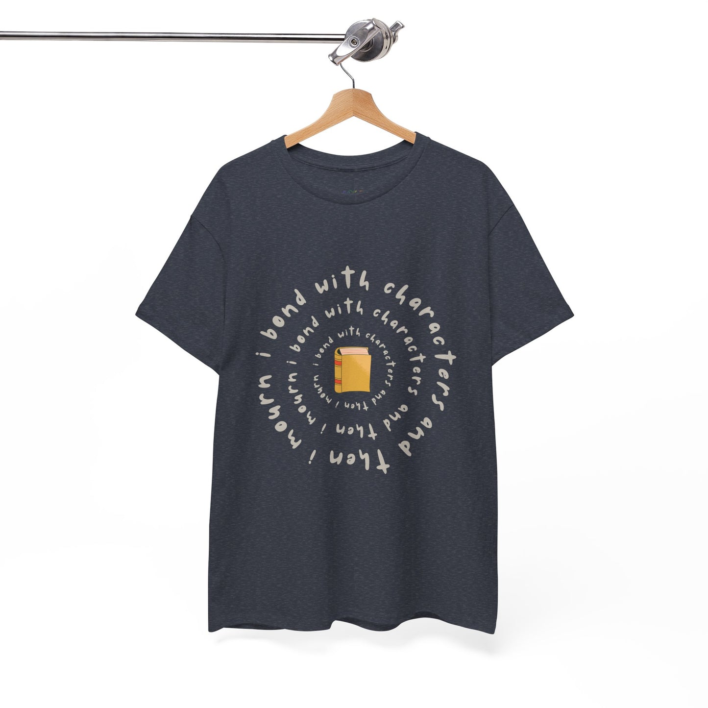 Heather navy blue t-shirt with a small book at the center and layered spiral text 'I Bond With Characters & Then I Mourn'
