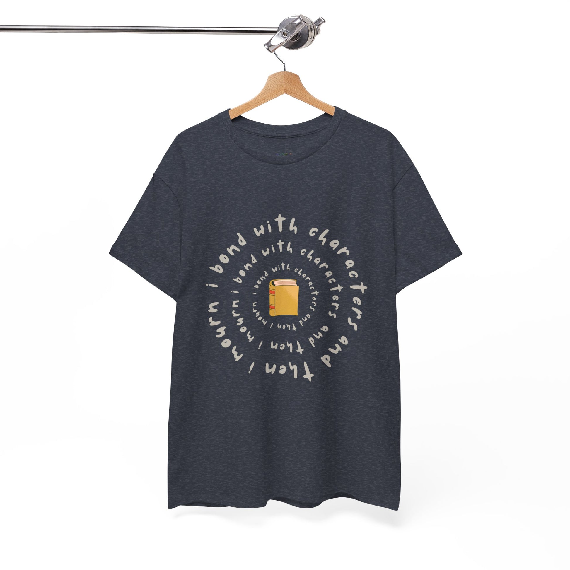Heather navy blue t-shirt with a small book at the center and layered spiral text 'I Bond With Characters & Then I Mourn'