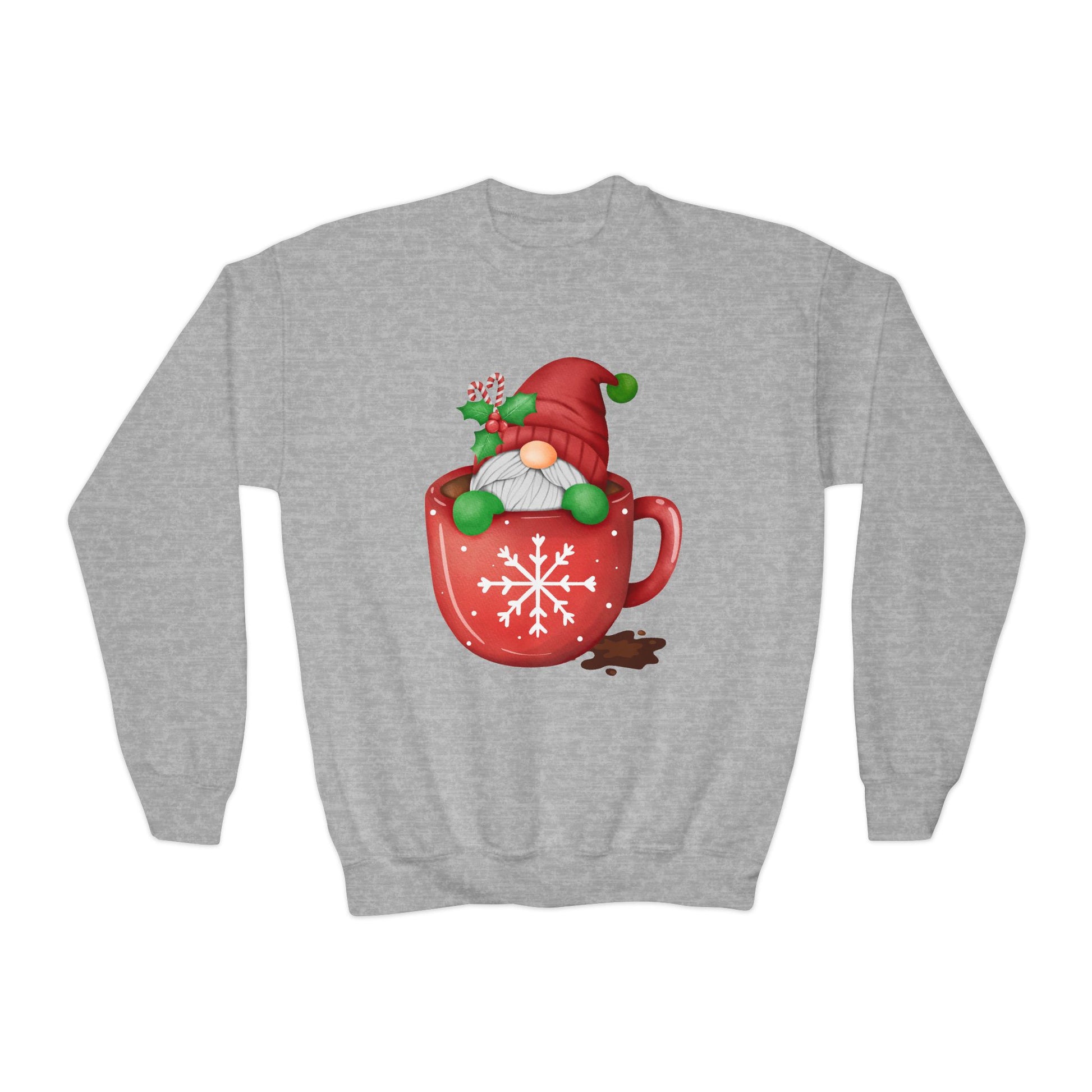 Gray sweatshirt with a Christmas-themed design of a gnome in a mug on a white background