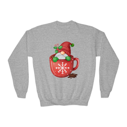 Gray sweatshirt with a Christmas-themed design of a gnome in a mug on a white background